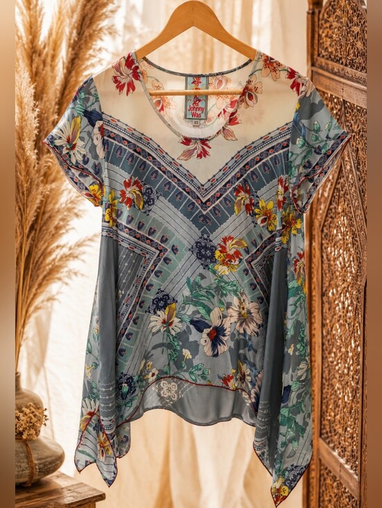 Johnny Was Tops - ✨ Johnny Was Silk Blend Floral Handkerchief Hem Boho Tunic Top Small✨